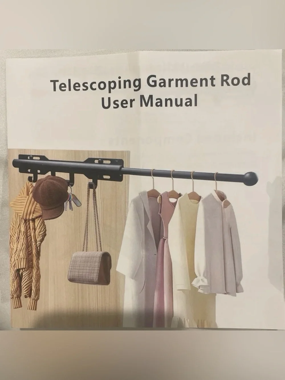 Telescoping Wardrobe Rod Black Metal with Hooks - Home Organization NIB